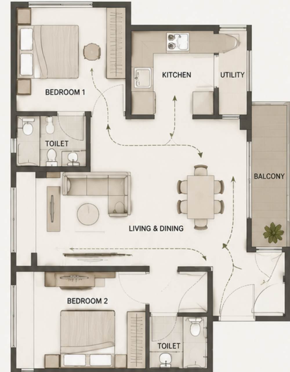 Furnished 2BHK floor plan showing two bedrooms, a kitchen with utility, a combined living and dining space, two toilets and a balcony