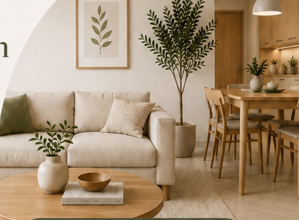 Compact dining area in warm timber seating six, opening into a bright living room