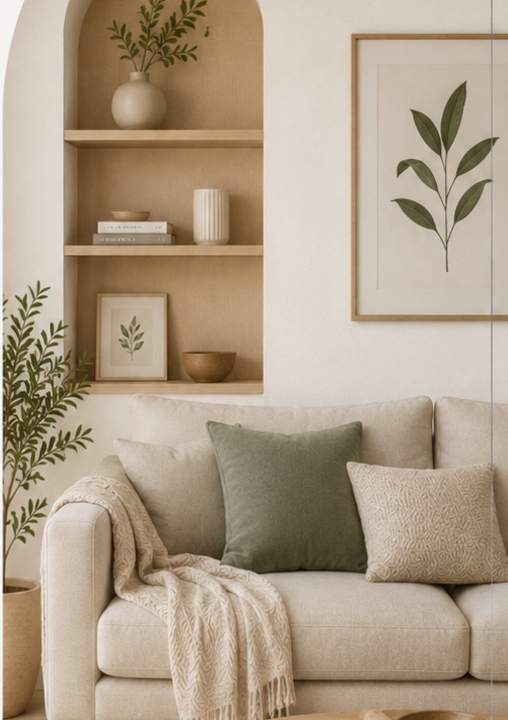 Warm plaster wall with an arched niche holding open shelves, beside a linen sofa