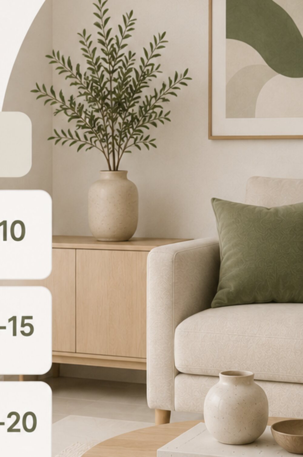 Neutral living room with olive green cushions, a tall indoor plant and framed abstract art