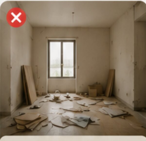 An empty flat where interior work has started with no layout: loose plywood, offcuts and dust across the floor