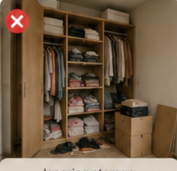 An overflowing wardrobe with cartons stacked on the floor beside it
