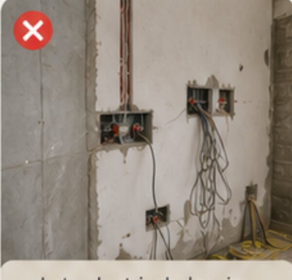Exposed wiring hanging from unfinished switch boxes on a bare wall