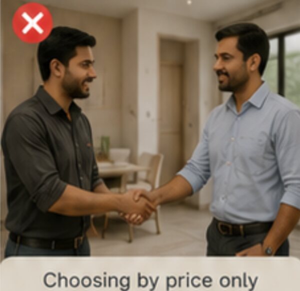 Two people shaking hands over a deal in a half-finished flat