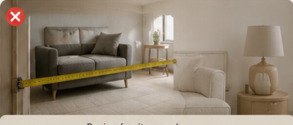 A measuring tape held against a sofa that is too wide for the wall