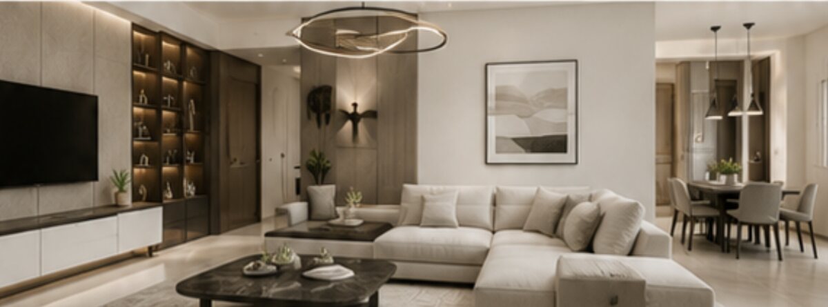 Modern contemporary living room with a dark feature wall, backlit shelving and a sectional sofa